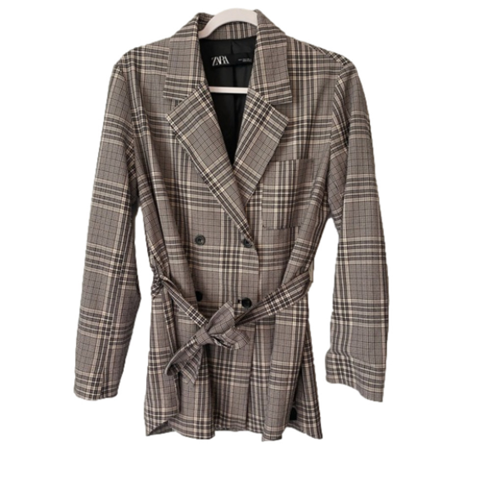 Zara Blush Pink & Black Plaid Double Breasted Stretch Blazer with belt Small